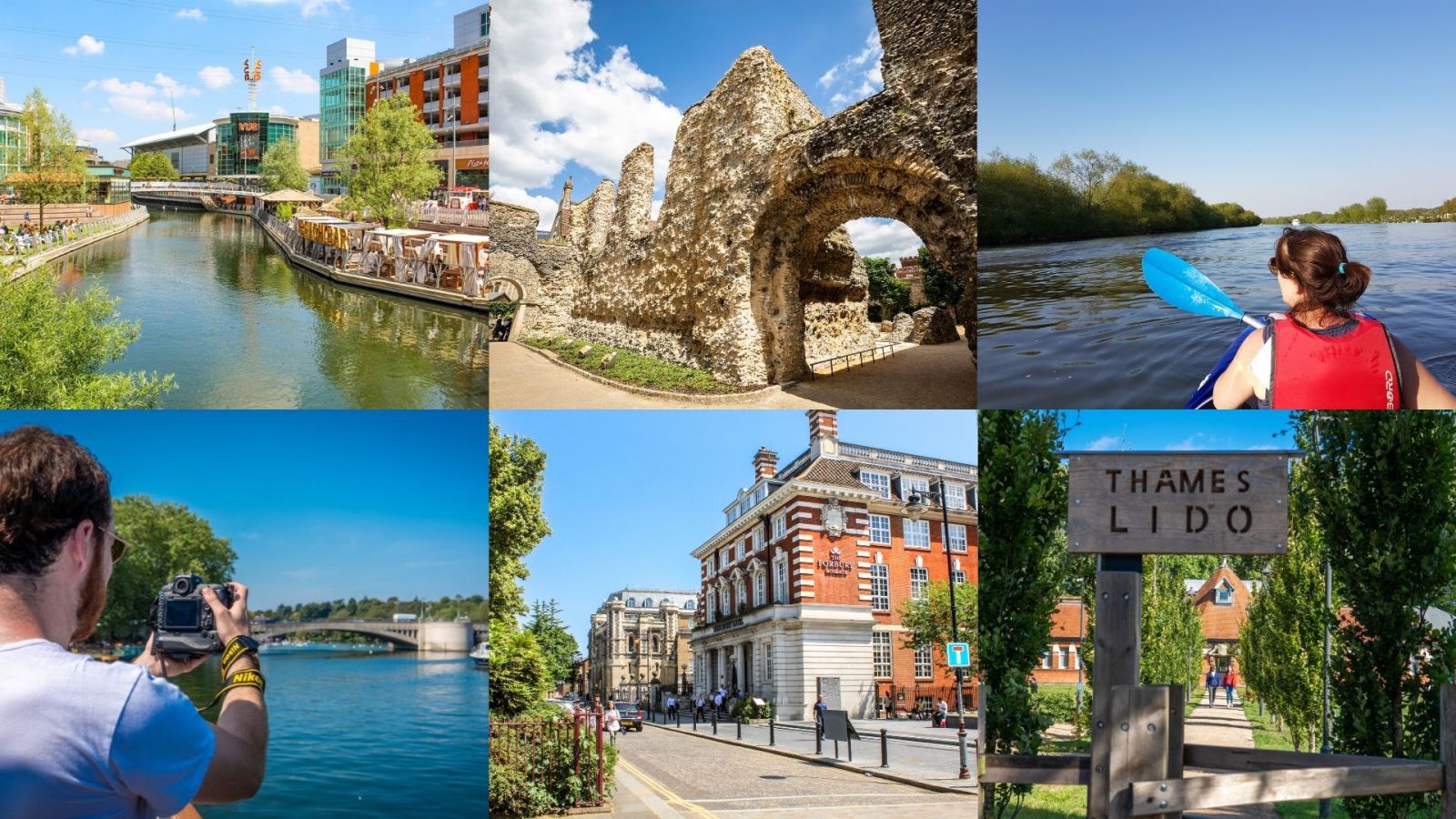Collage of the Oracle Riverside, Abbey Ruins, lady rowing, man on boat cruise, Roseate Hotel and Lido Spa